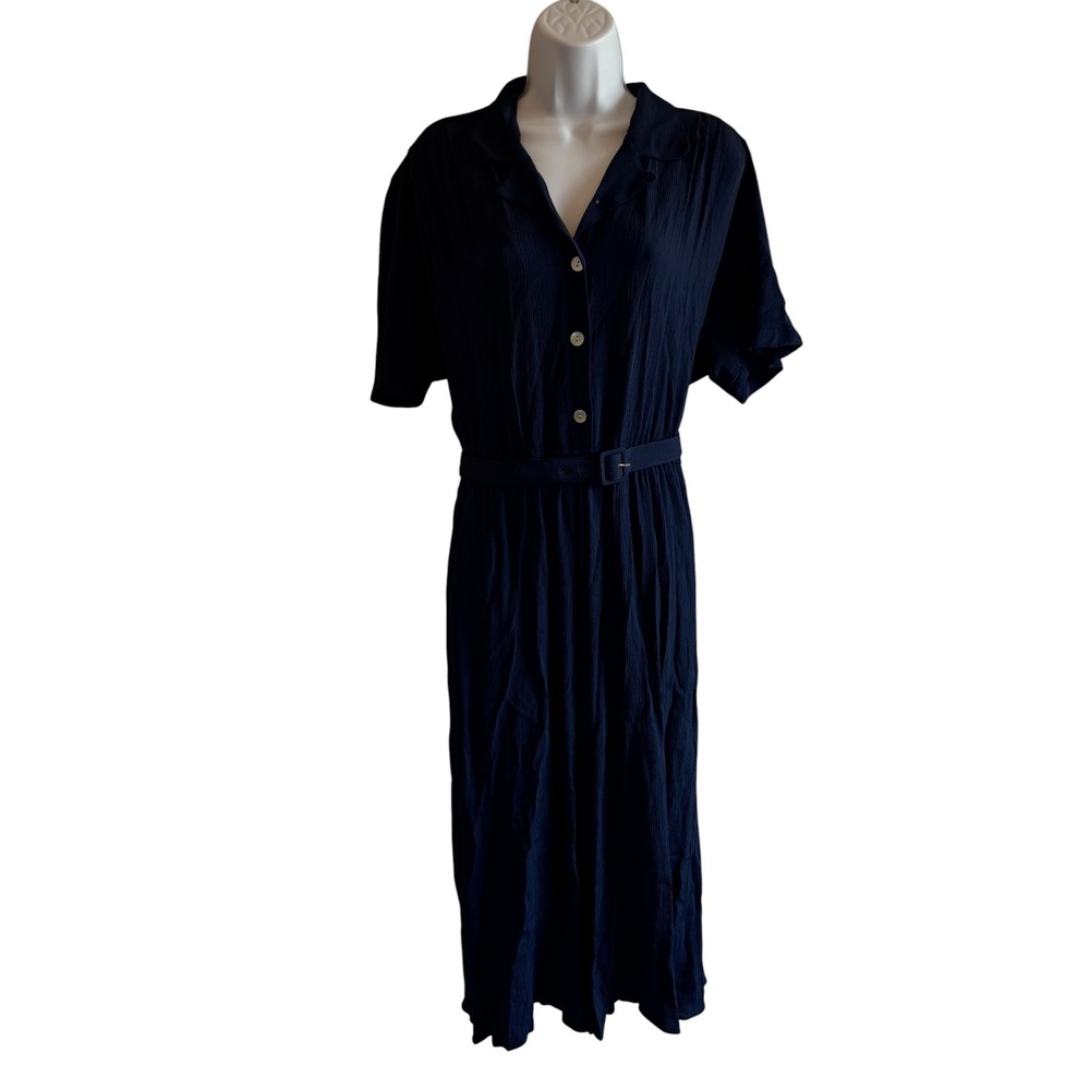 Vintage 90s Carol Anderson Maxi Dress XL Navy Belted Mother Pearl Button Shirt